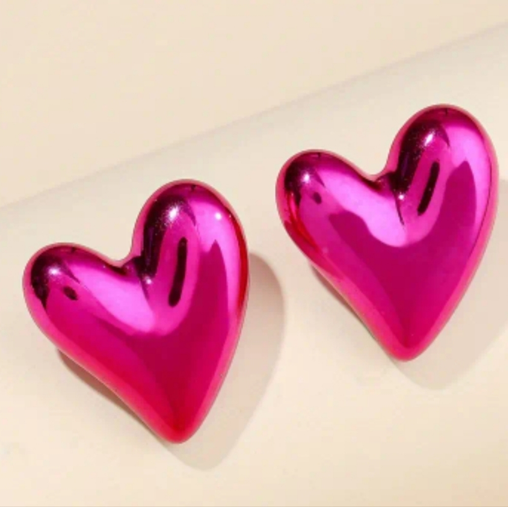 Valentine’s Day Hot Pink Shiny Metallic Heart Stud Earrings